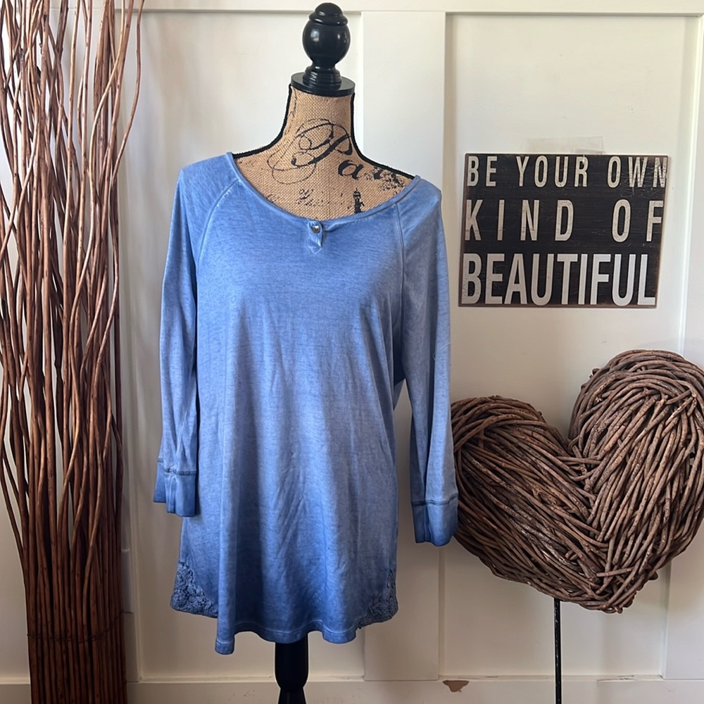 Ruff Hewn Blue 3/4 Sleeve Henley With Lace Accents